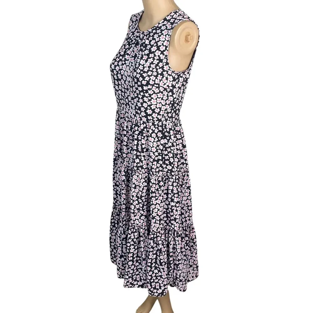 J Crew Poppy Garden Floral Tiered Midi Dress S Black Cottagecore A-line Ditsy